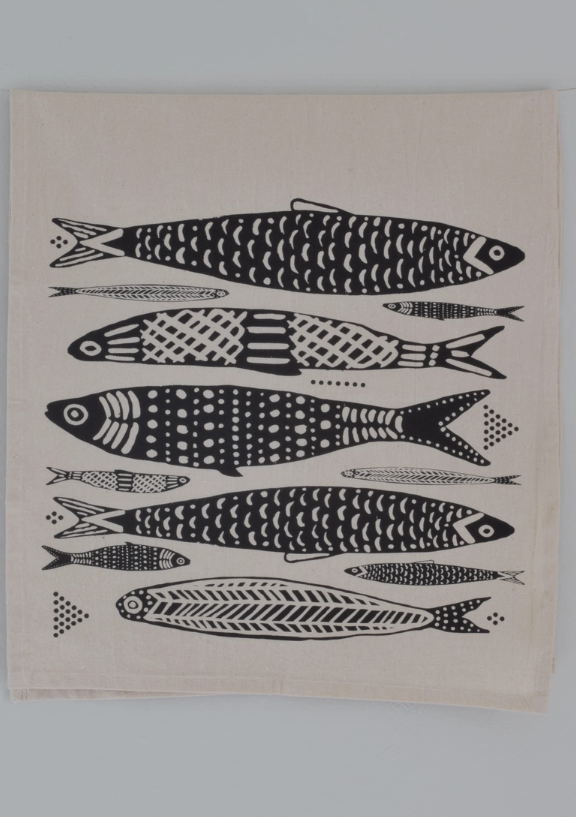Sardines Tea Towel in Black - Organic Cotton - Fish Print