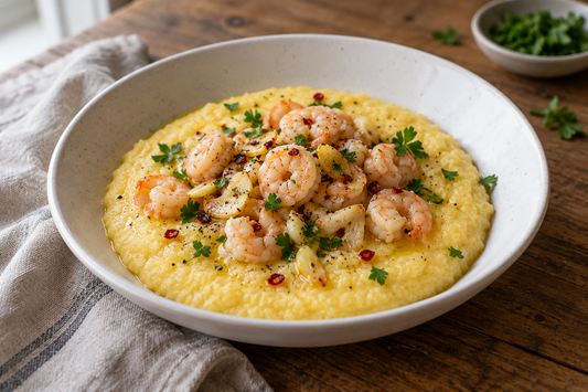 Garlic & Chilli Shrimp over Soft Polenta — recipe illustration