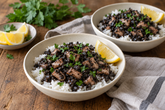 Squid in Ink Rice Bowls — recipe illustration
