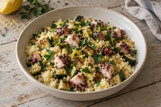 Garlic octopus with lemon couscous, zucchini and parsley