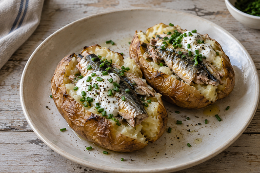 Baked potatoes with sardines, lemon yogurt and chives