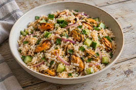 Mussel escabeche rice salad with cucumber, red onion and parsley
