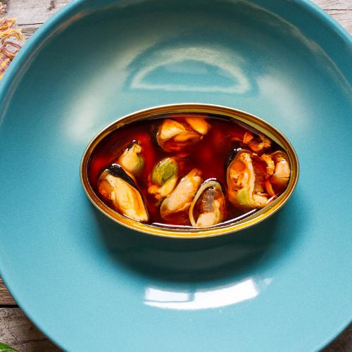 gourmet marinated mussels in a can