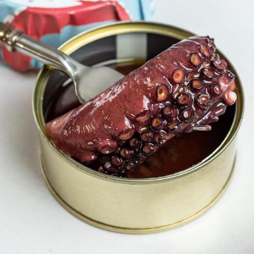 image of gourmet grilled octopus in a can