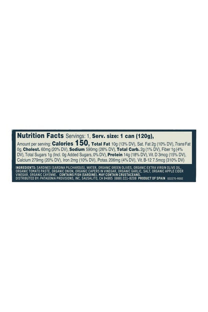 Patagonia Sardines in Tomato Sauce with olives and capers, 120g — nutrition and ingredients panel