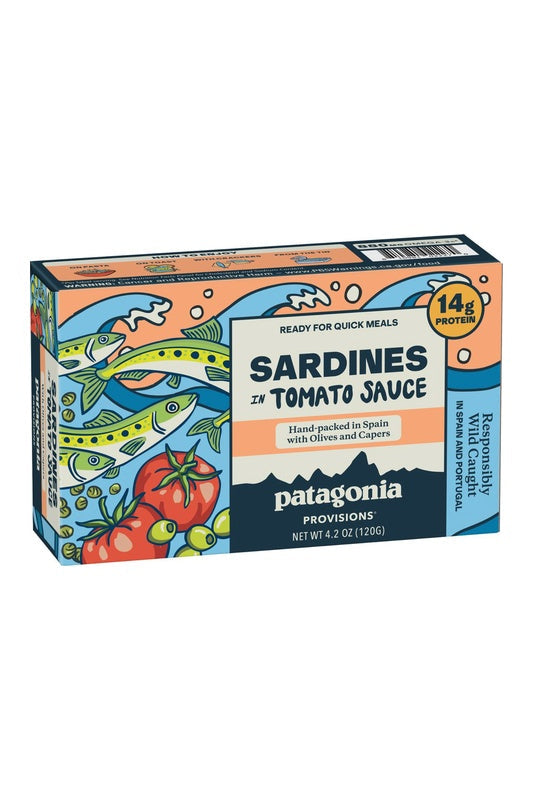 Patagonia Sardines in Tomato Sauce with olives and capers, 120g — updated front packaging