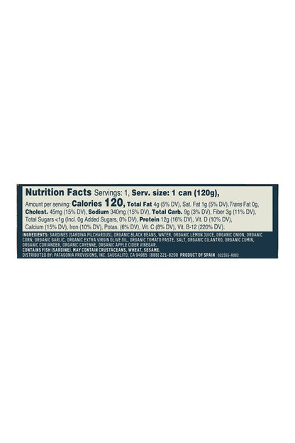 Patagonia Provisions Sardines with Black Beans, Corn & Salsa, 120g — nutrition and ingredients panel