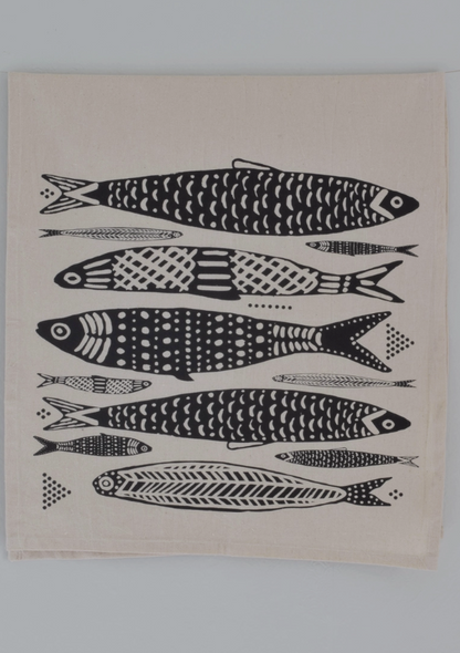 Sardines Tea Towel in Black - Organic Cotton - Fish Print