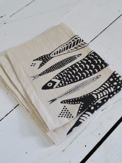 Sardines Tea Towel in Black - Organic Cotton - Fish Print